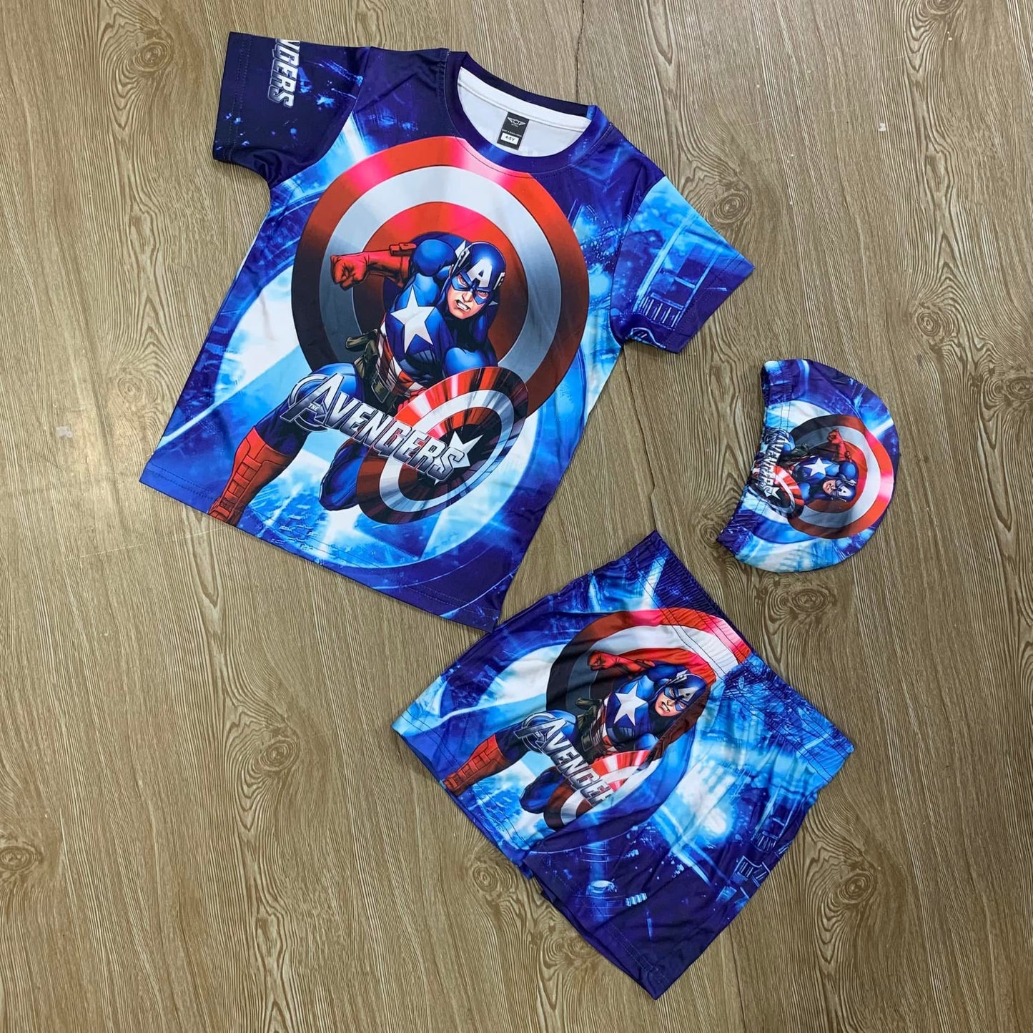 CAPTAIN AMERICA KIDS TOP BOTTOM SET WITH CAP (JERSEY MATERIAL)