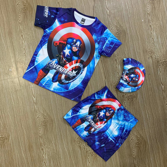 CAPTAIN AMERICA KIDS TOP BOTTOM SET WITH CAP (JERSEY MATERIAL)